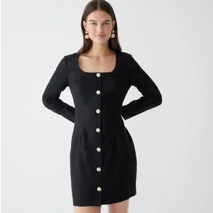 J Crew Long Sleeve Button Mini Dress Black Linen Blend Square Neck size 12